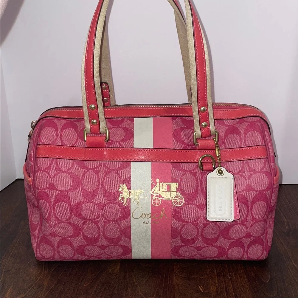 Coach Signature Heritage Stripe Coated Canvas and Leather Satchel Pink - Picture 1 of 16